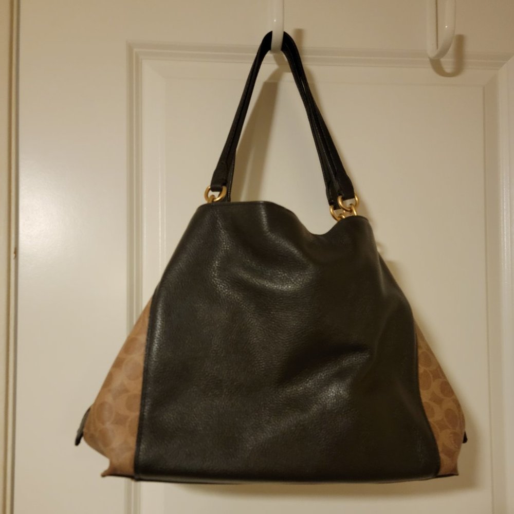 Coach Black Leather & Brown Signature Canvas Shoulder Bag